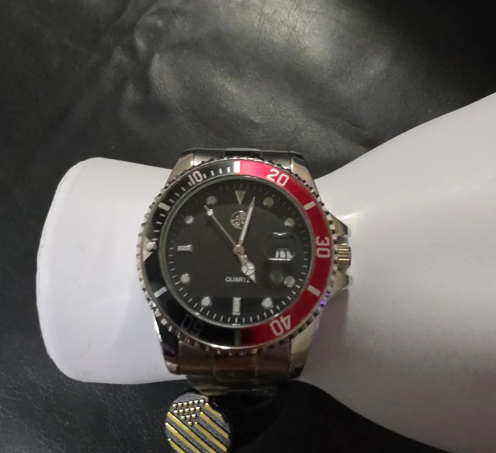 Men's Stainless Steel Watch with Black Dial and Red Bezel Accent